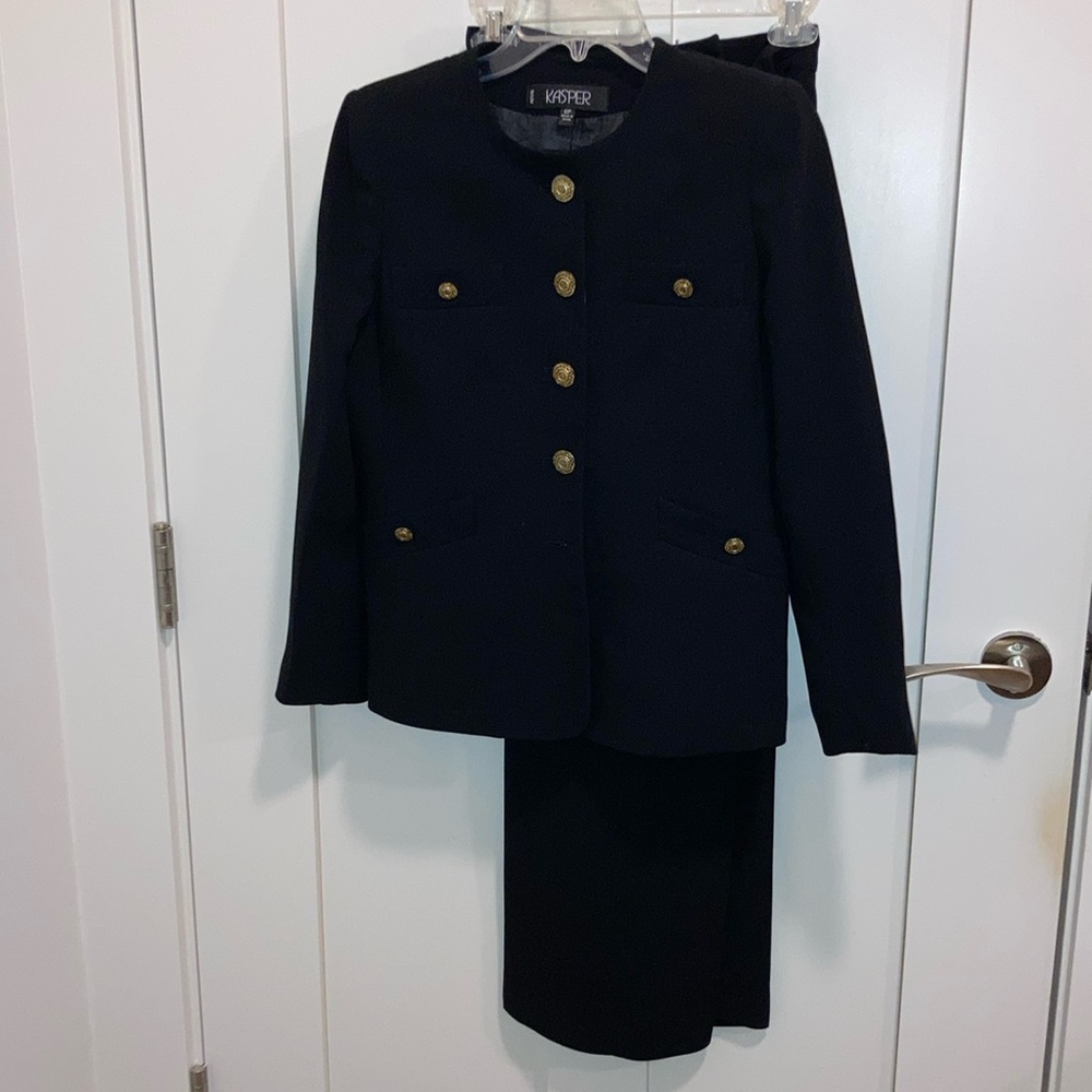 Petite black jacket and pants suit. Kasper.